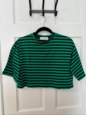 The Frankie Shop Green & Black Striped Crop Top
